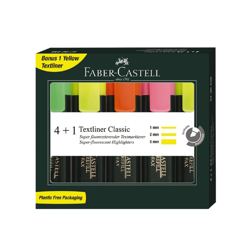 Set of 4 + 1 - Faber Castell Textliner Highlighters