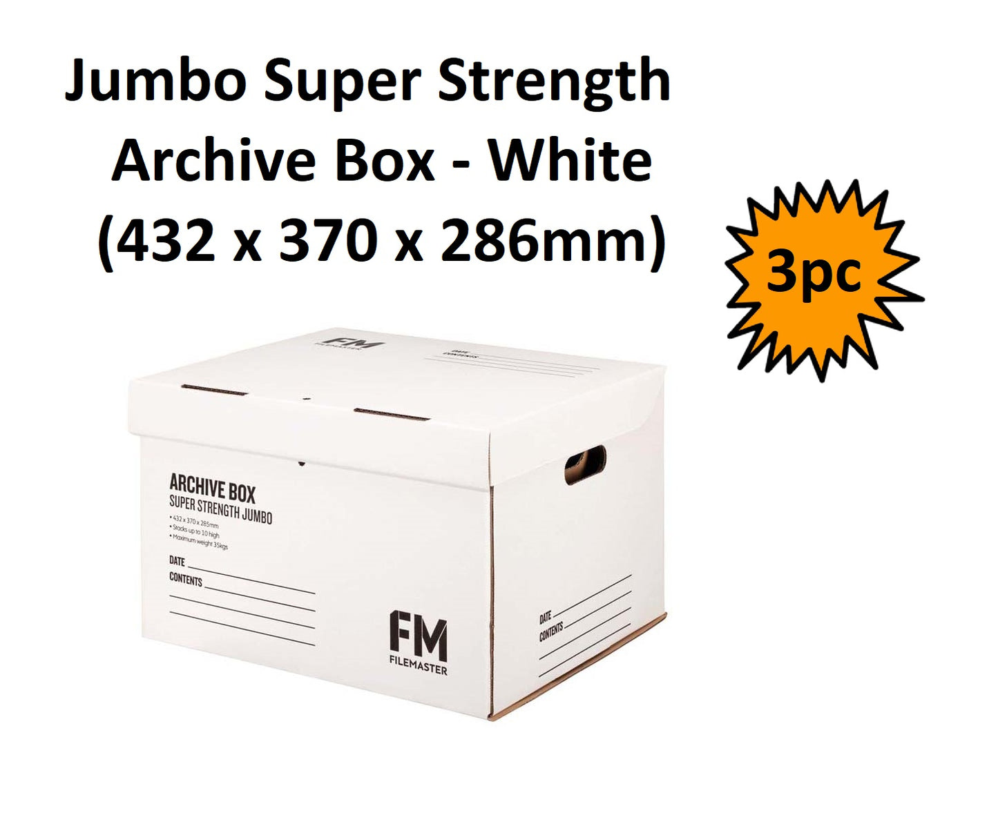 Set of 3 Jumbo Super Strength Archive Box - White (432 x 370 x 286mm)