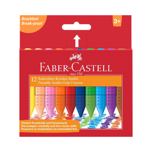 Faber Castell Erasable Jumbo Grip Crayons - 12's (plus sharpener & eraser)