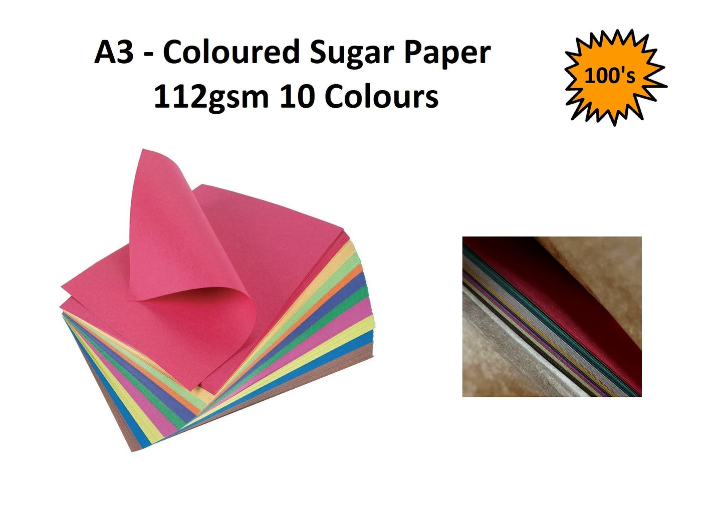 A3 - Coloured Sugar Paper 112gsm - 10 Colour 100's
