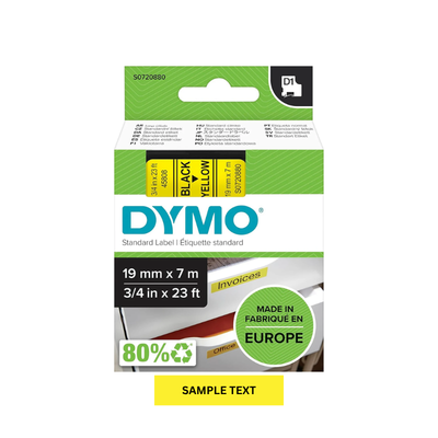 Black on Yellow - 19mm x 7M Dymo D1 Label Tape