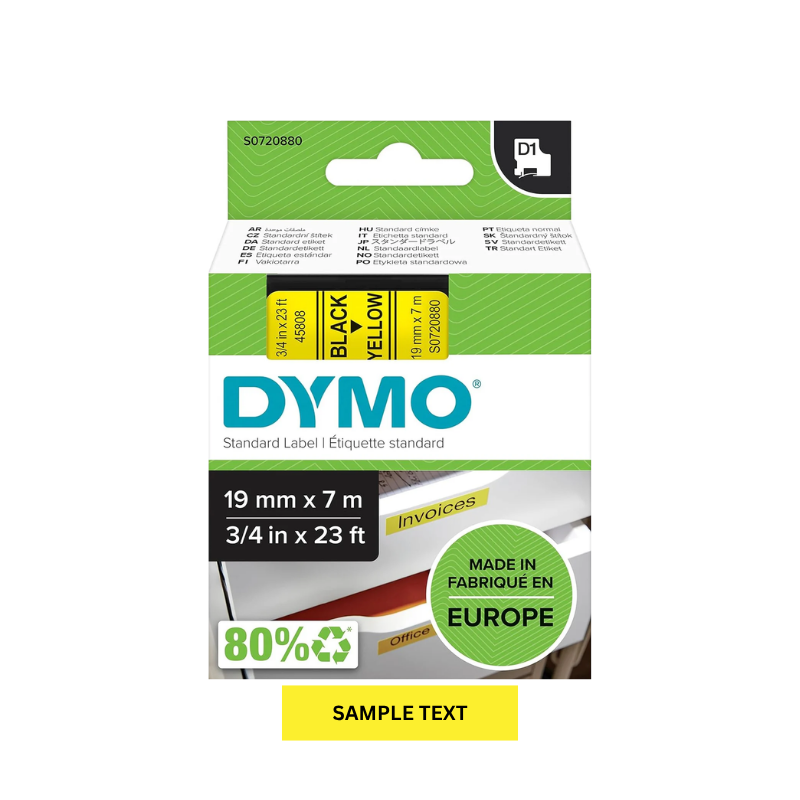 Black on Yellow - 19mm x 7M Dymo D1 Label Tape