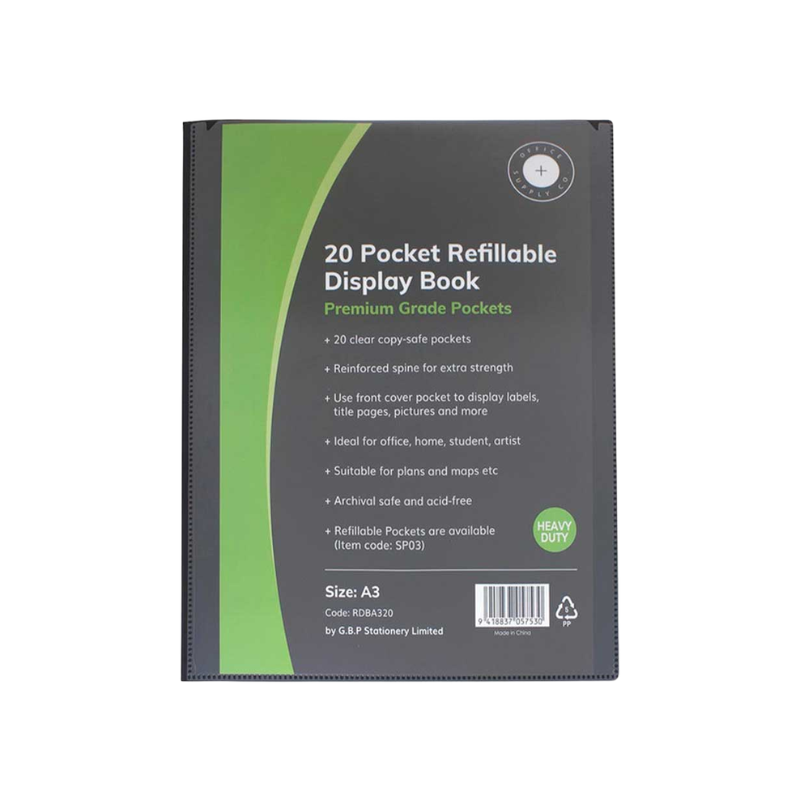 Black - A3 Refillable Clearfile 20 Pocket with Insert Front Cover