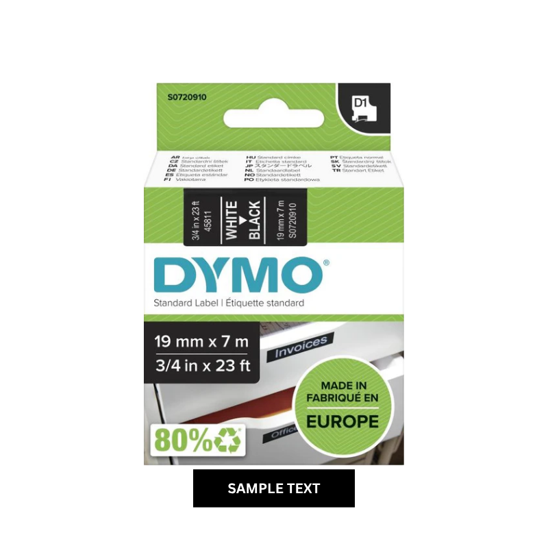 White on Black - 19mm x 7M Dymo D1 Label Tape