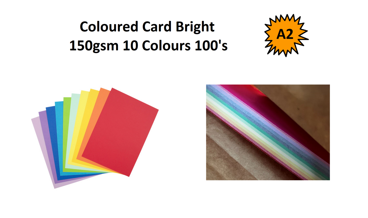 A2 - Coloured Card Bright 150gsm 10 Colours  100's