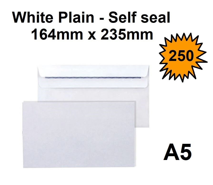 C5 Envelopes (E23) - White Plain Self Seal - Box of 250