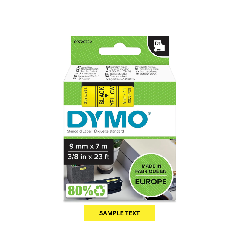 Black on Yellow - 9mm x 7M Dymo D1 Label Tape