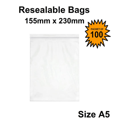 Resealable Bags 155mm x 230mm Packet 100 (A5)