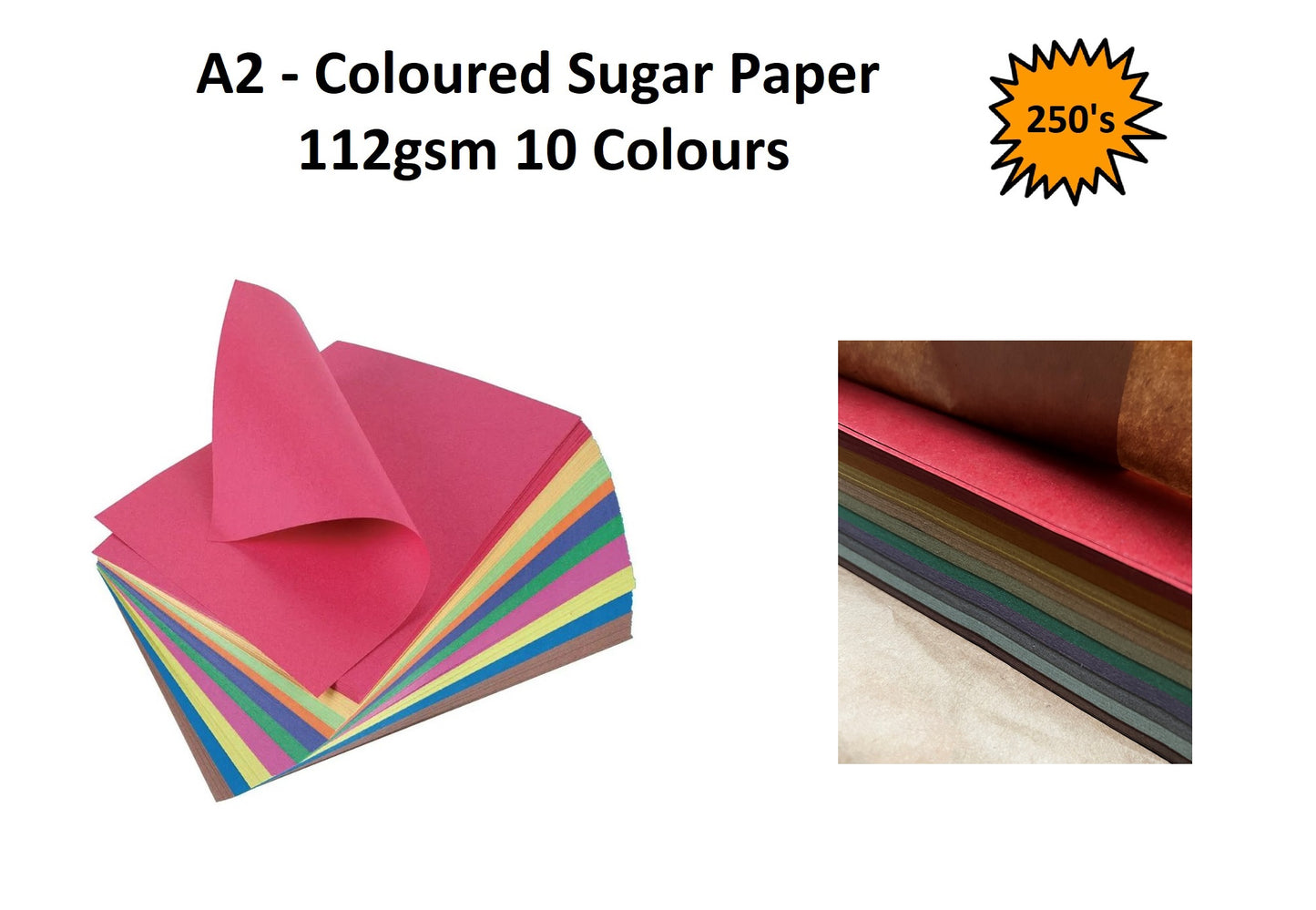 A2 - Coloured Sugar Paper 112gsm - 10 Colour 250's