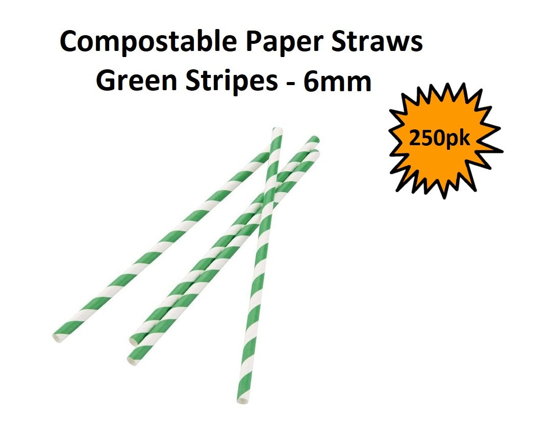 Green strip - Compostable Paper Straws 6mm - 250pk