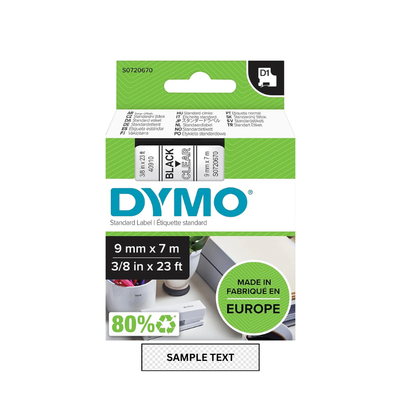 Black on Clear - 9mm x 7M Dymo D1 Label Tape