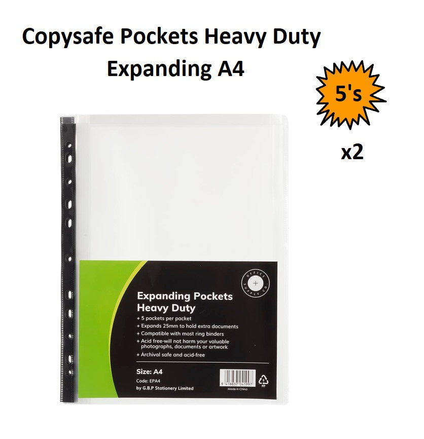 Pack of 5 - Expanding A4 Copysafe Pockets / Sheet Protectors