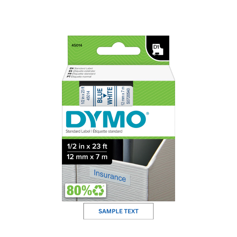 Blue on White - 12mm x 7M Dymo D1 Label Tape