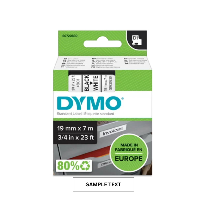 Black on White - 19mm x 7M Dymo D1 Label Tape