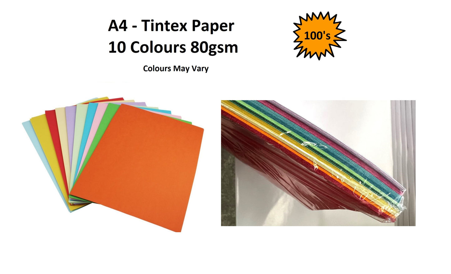 A4 - Tintex Coloured Paper Packs  80gsm  10 Colour 100's