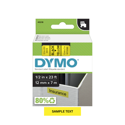 Black on Yellow - 12mm x 7M Dymo D1 Label Tape