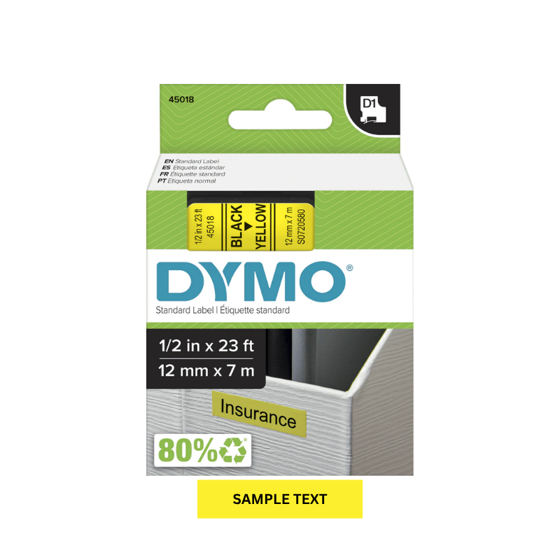 Black on Yellow - 12mm x 7M Dymo D1 Label Tape