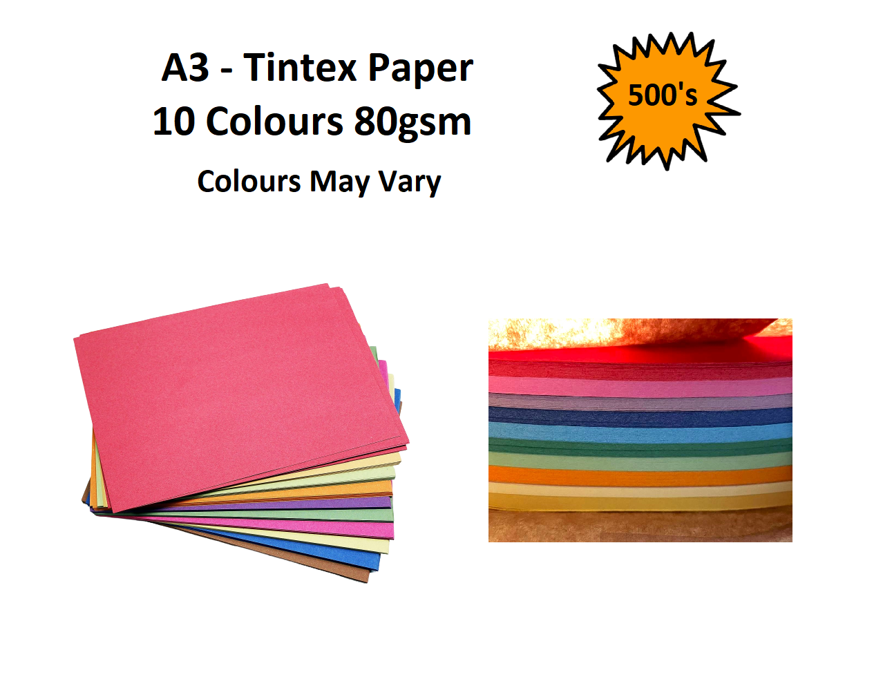 A3 - Tintex Coloured Paper 80gsm 10 Colour 500's