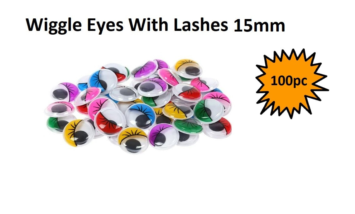 Wiggle Eyes - Coloured with Lashes 15mm (100pcs)