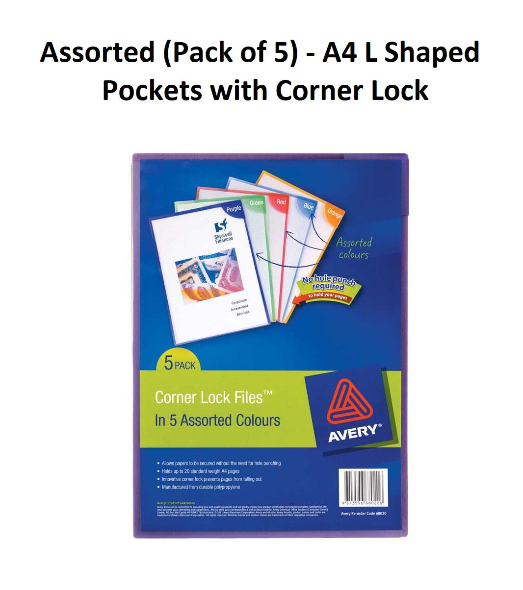 Assorted (Pack of 5) - A4 L Shaped Pockets with Corner Lock