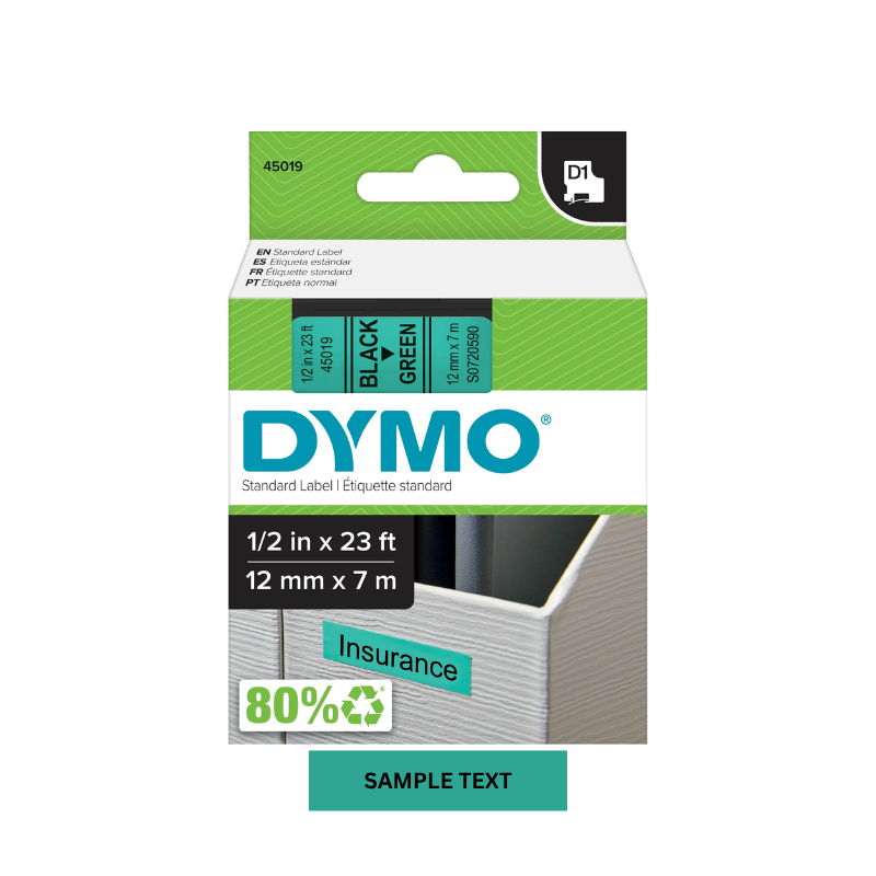Black on Green - 12mm x 7M Dymo D1 Label Tape