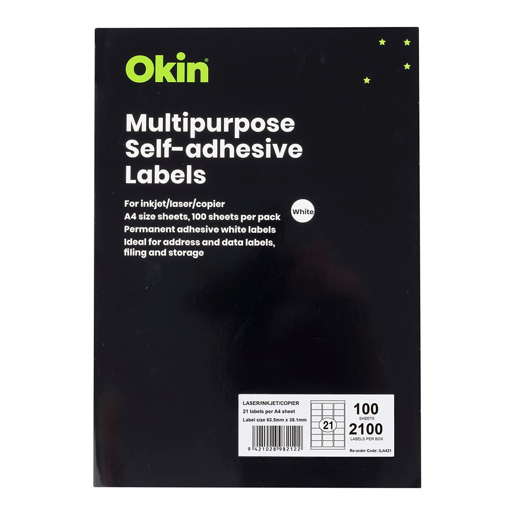Okin Brand General Copier Labels - 21 Per Sheet 100 sheets