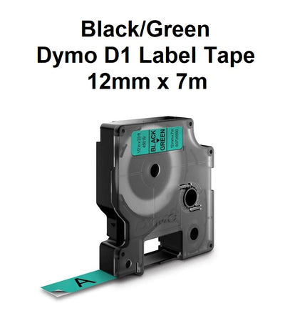 Black/Green - 12mm x 7M Dymo D1 Label Tape