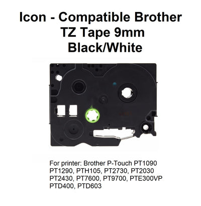 Black on White 9mm - Icon Compatible Brother TZ Tape