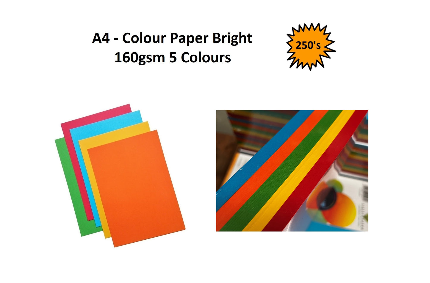 A4 - Bright 5 Colour Card 160gsm - 250's