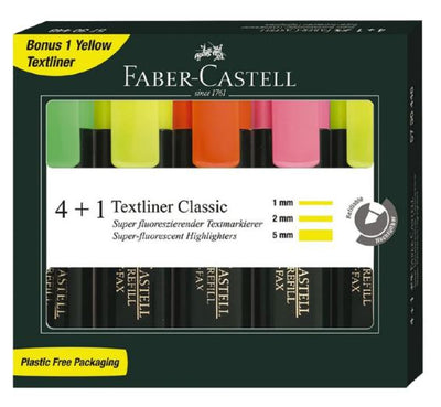 Set of 4 + 1 - Faber Castell Textliner Highlighters