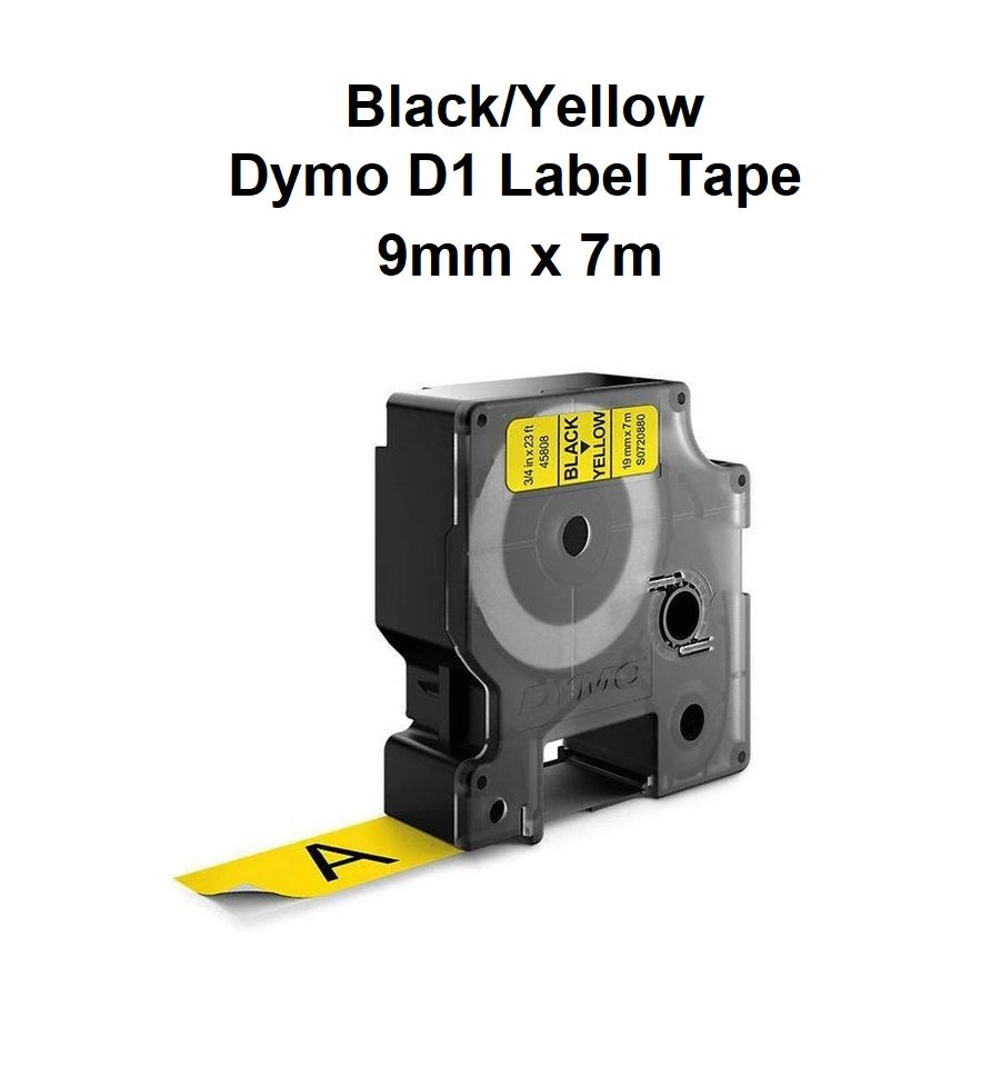 Black/Yellow - 9mm x 7M Dymo D1 Label Tape