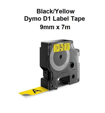 Black/Yellow - 9mm x 7M Dymo D1 Label Tape