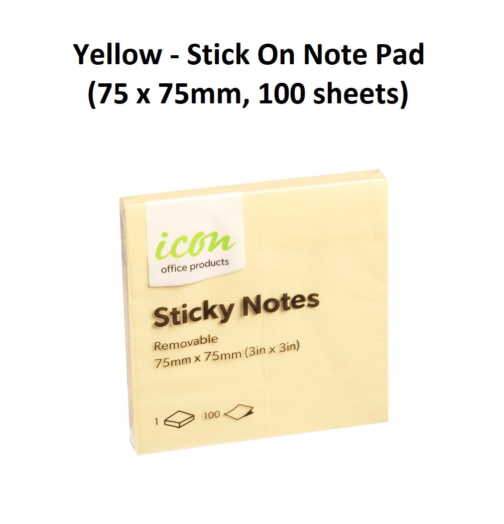 Yellow - Stick On Note Pad (75 x 75mm, 100 sheets)