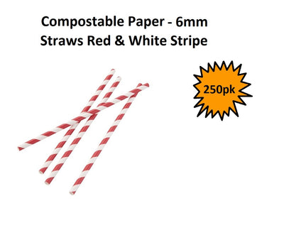 Red strip - Compostable Paper Straws 6mm - 250pk