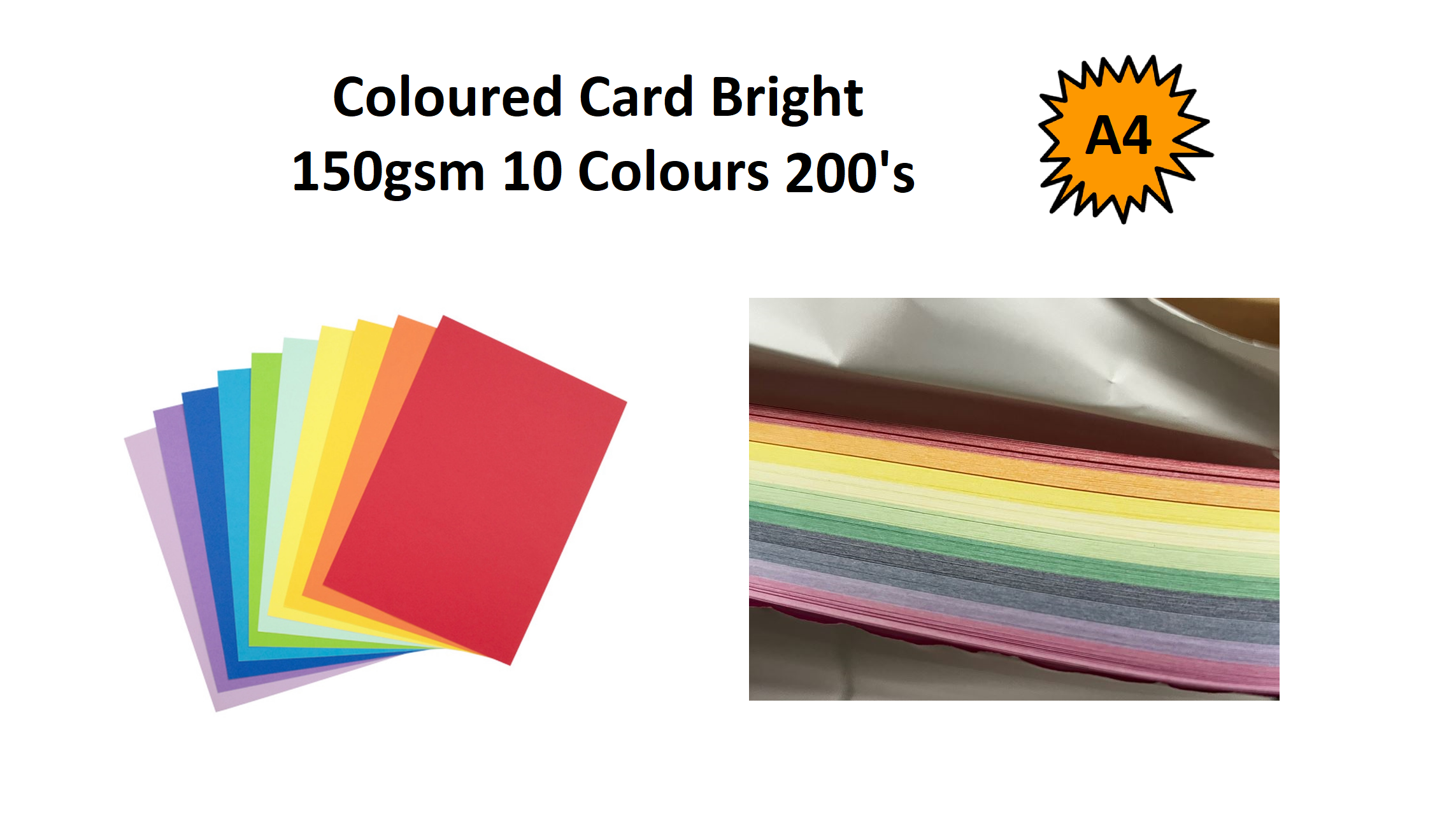 A4 - Coloured Card Bright 150gsm 10 Colours 200's – Educational ...