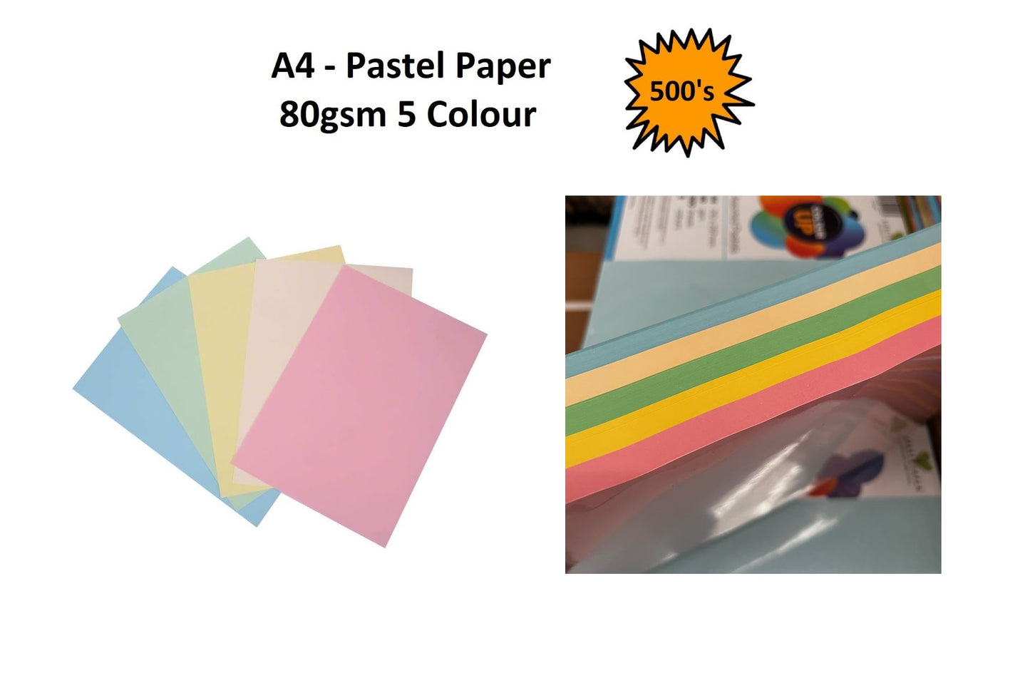 A4 - Pastel 5 Colour Paper 80gsm - 500's
