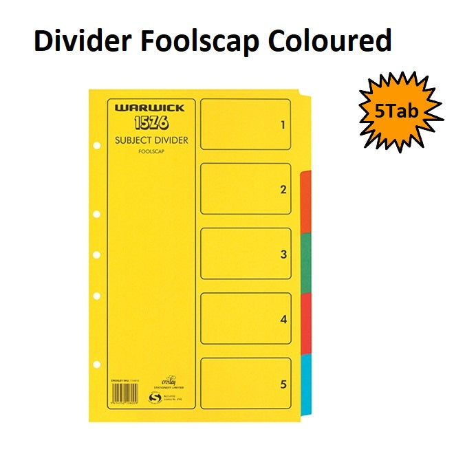 5 Tab - Foolscap Indices Manilla Bright Colours
