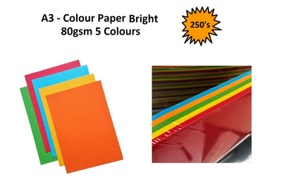 A3 - Bright 5 Colour Paper 80gsm - 250's