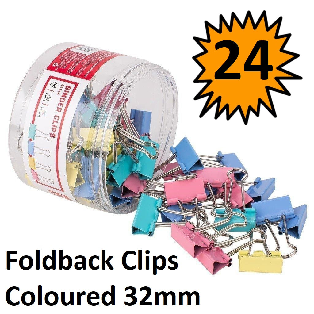 Foldback Clips 32mm - Tub of 24 Coloured