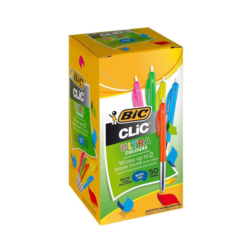 Blue - Bic Clic Pens Fluoro Barrel - 50 Pack