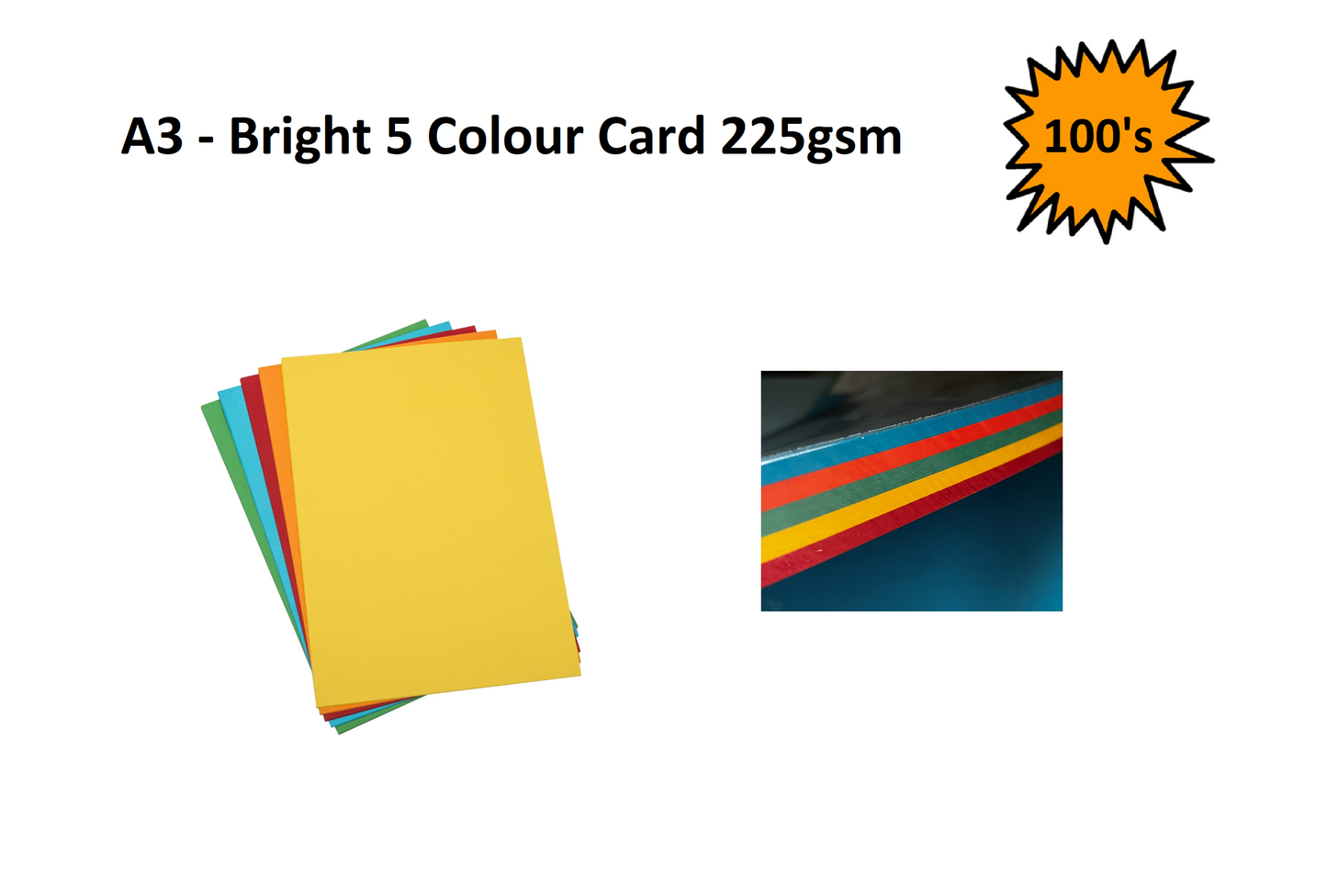 A3 - Bright 5 Colour Card 225gsm - 100's