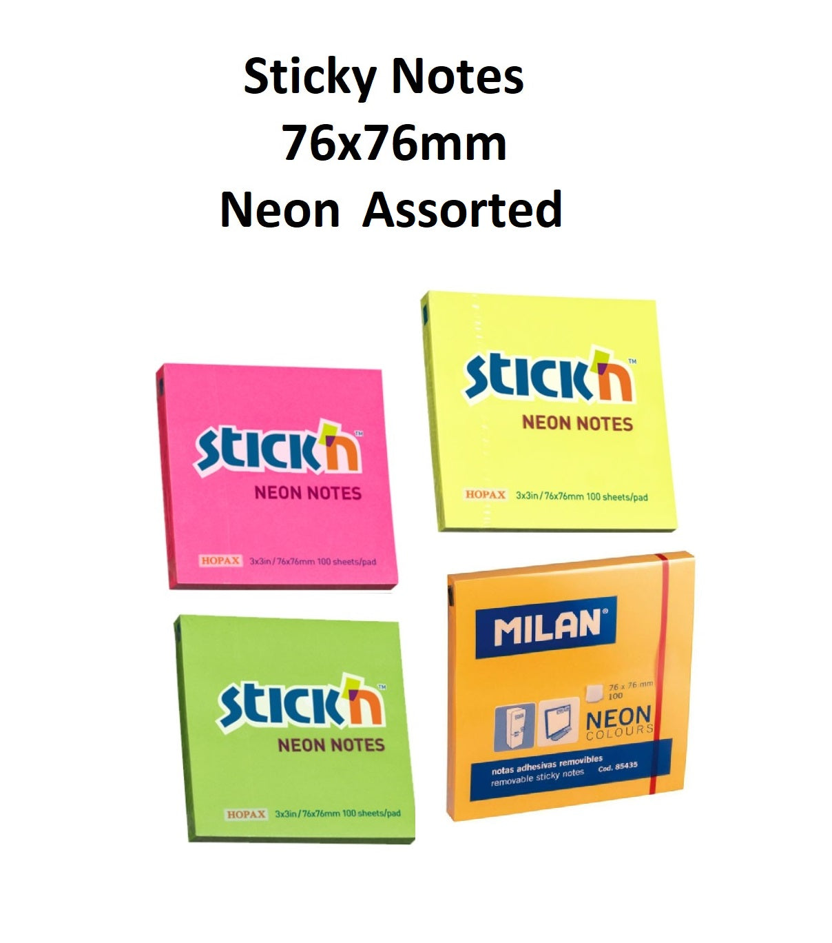 Assorted Neon - Stick On Note Pad (76x76mm, 100 sheets)