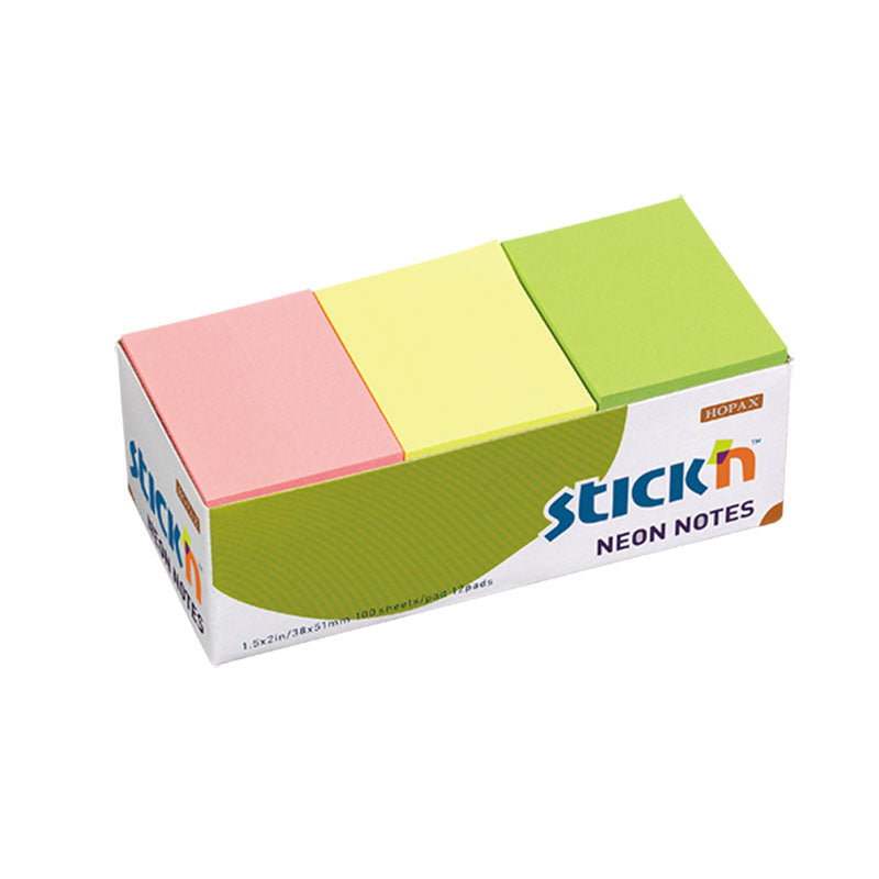 Assorted Neon (Pack of 12) - Stick On Note Pad (38 x 50mm)