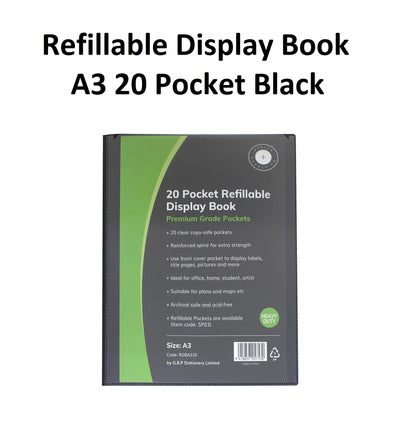 Black only - A3 Refillable Clearfile 20 Pocket with Insert Front Cover