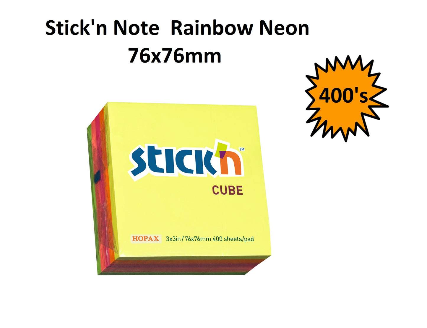 5 Colours - Stick On Note Cube (76 x 76mm, 400 sheets)
