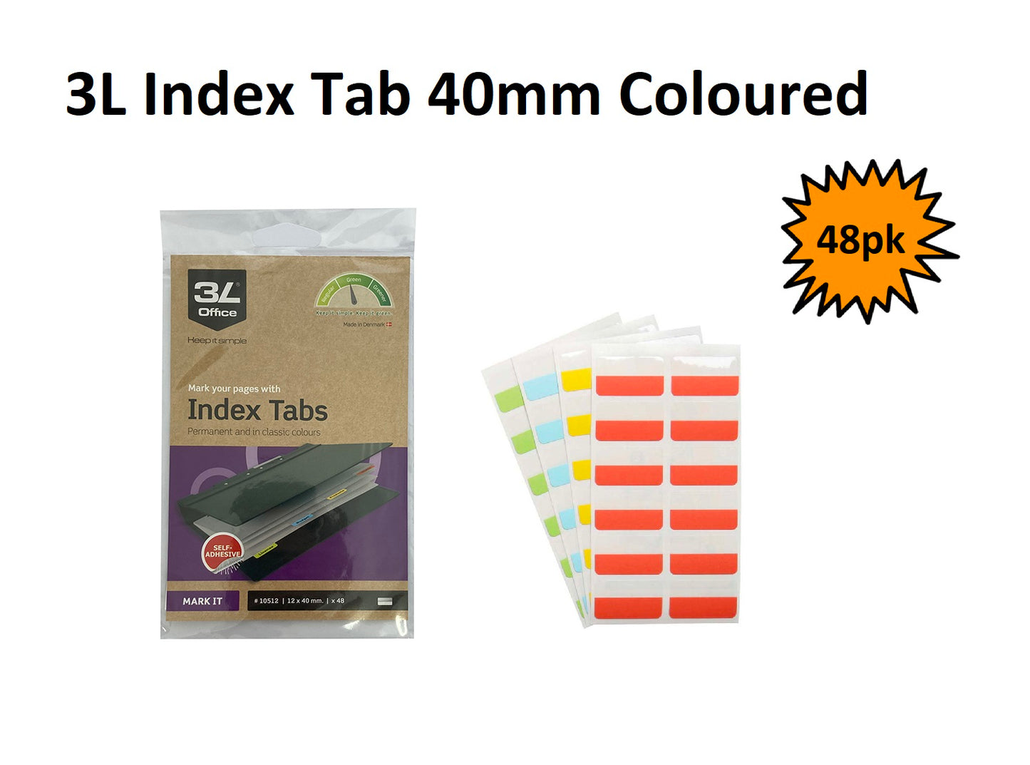 3L Index Tabs - 40mm Coloured (Pack of 48)