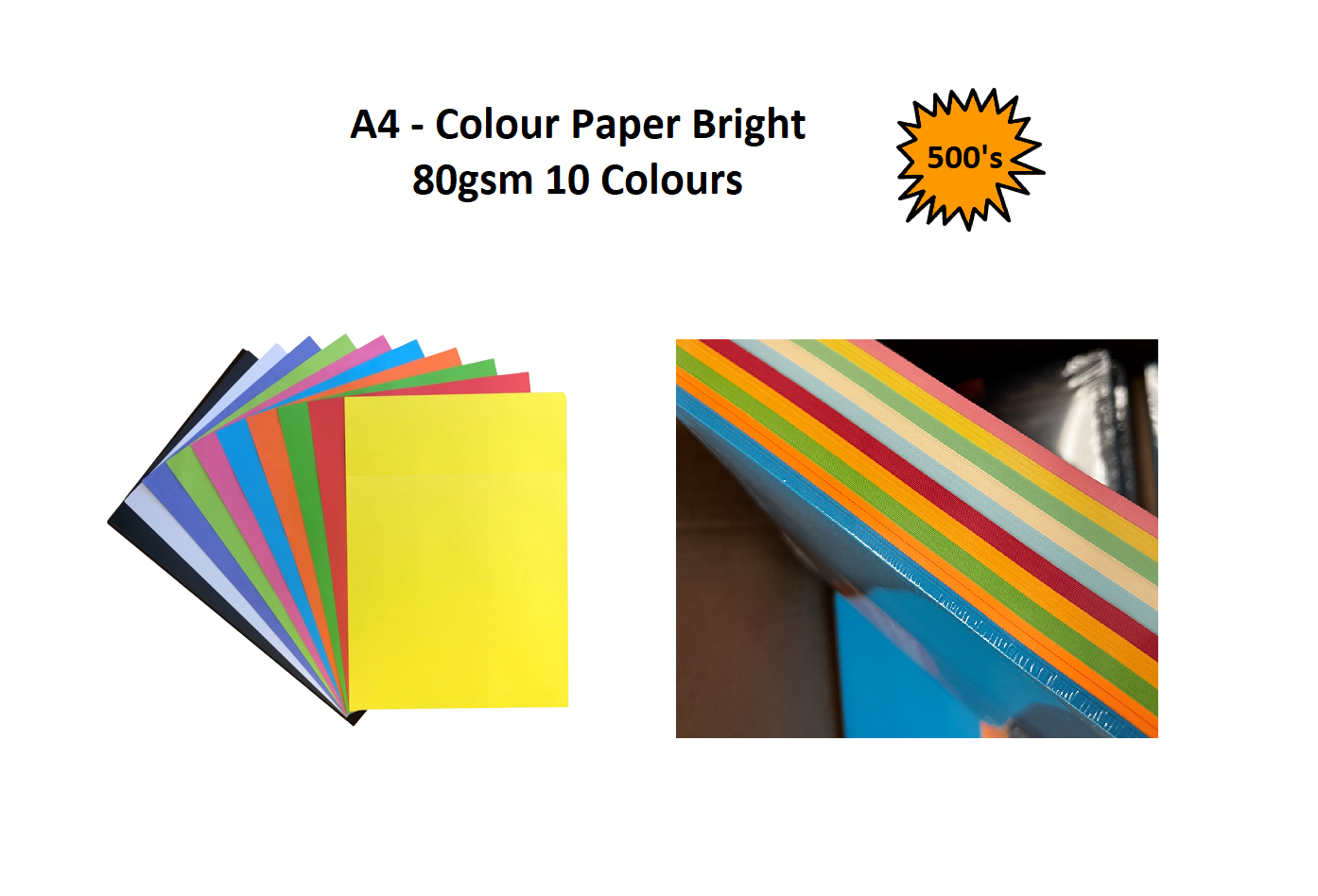 A4 - Coloured Paper Packs 80gsm 10 Colour 500's