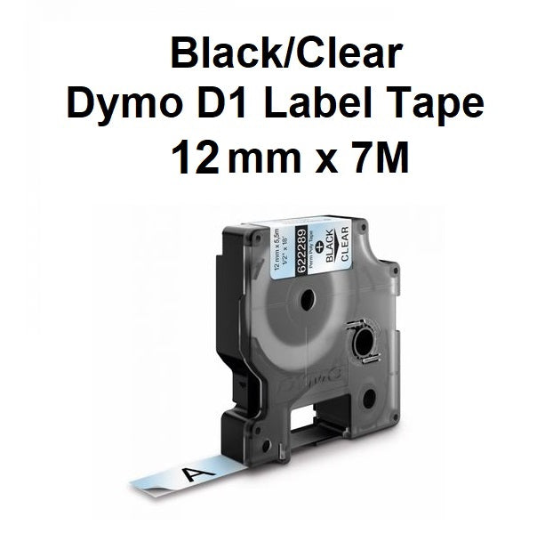 Black/Clear - 12mm x 7M Dymo D1 Label Tape