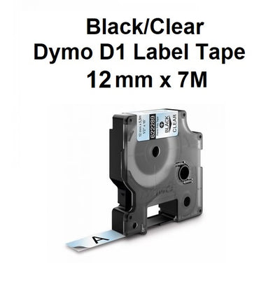 Black/Clear - 12mm x 7M Dymo D1 Label Tape