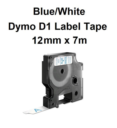 Blue/White - 12mm x 7M Dymo D1 Label Tape